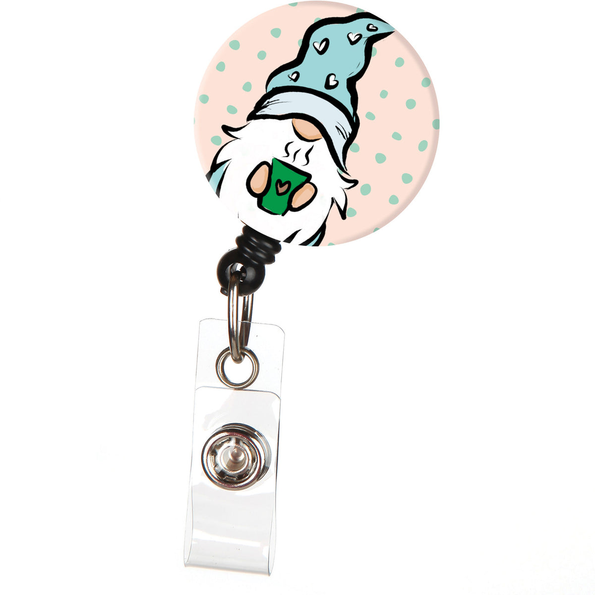 Gnome with Coffee Cup Retractable ID Badge Reel